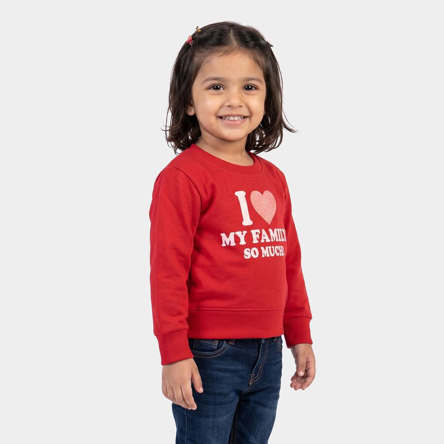Girls' Red Crew Neck Graphic Print Sweatshirt, लाल, large