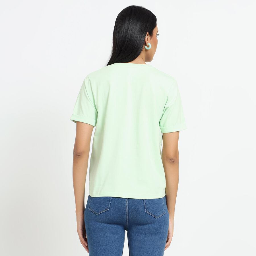 Ladies' Light Mint Green Cotton Round Neck Floral Printed T-Shirt, Light Green, large image number null