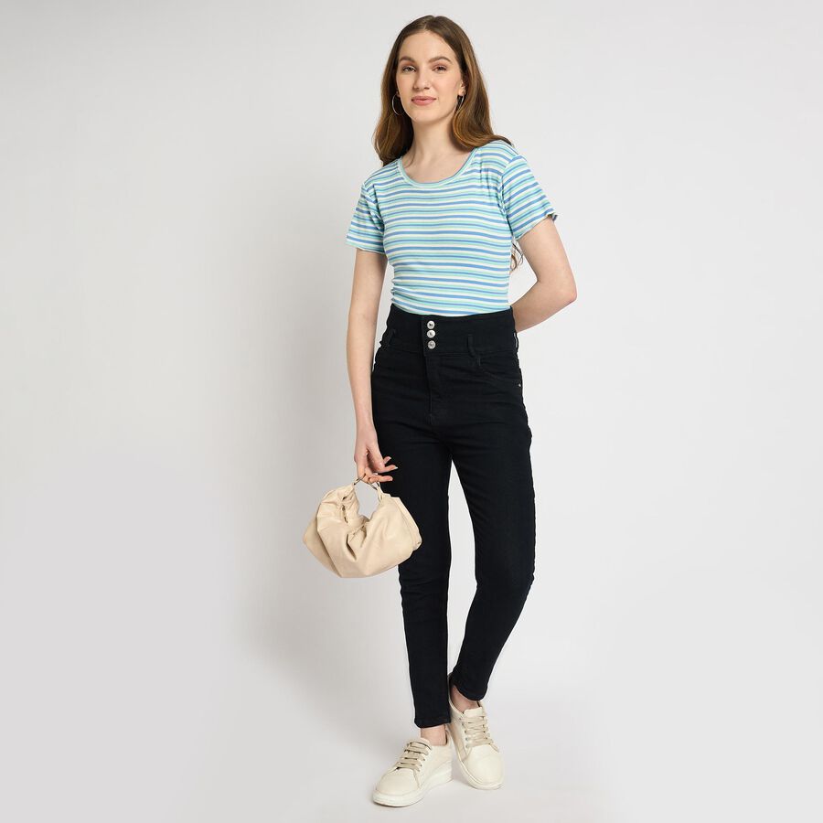Ladies'  Stripes Round Neck T-Shirt, नीला, large