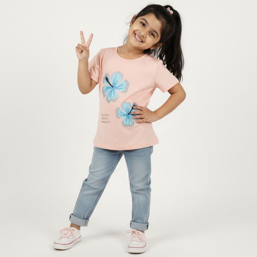 Girls' Light Peach Cotton Round Neck Casual T-Shirt, Peach, large image number null