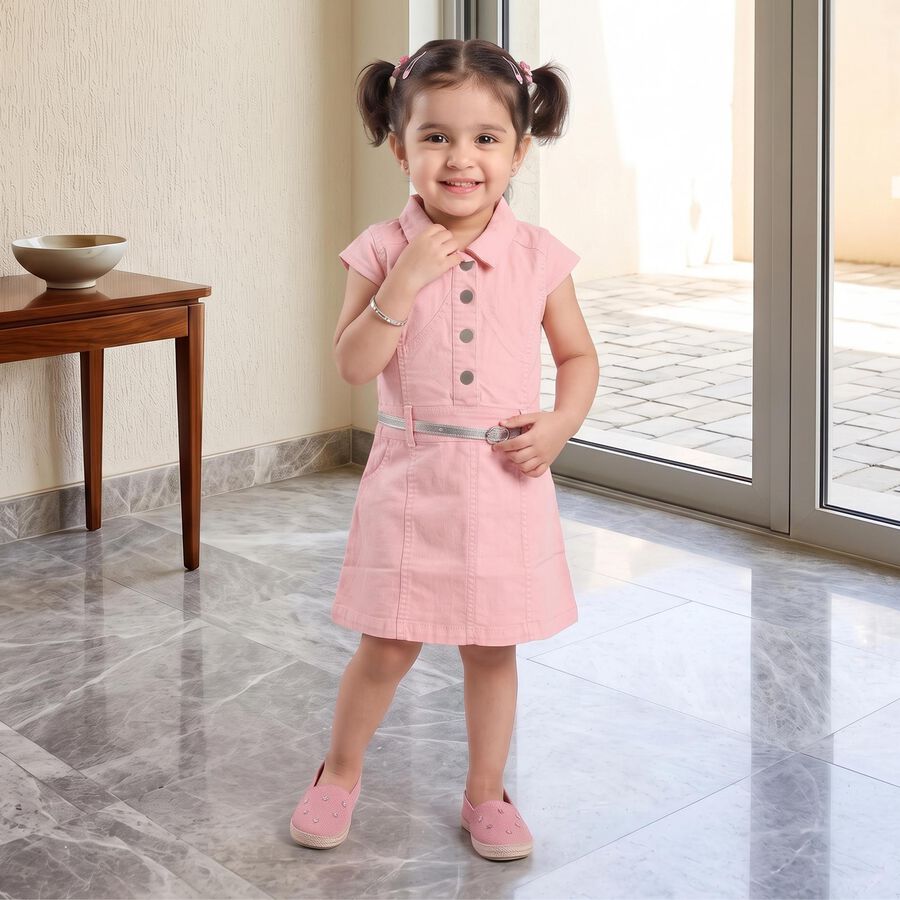 Girls Pink A-Line Solid Shirt Style Frock, Light Pink, large