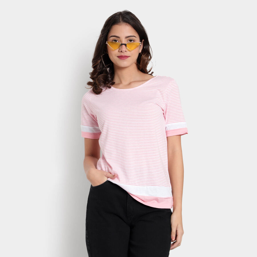 Cotton Stripes Round Neck T-Shirt, Light Pink, large image number null