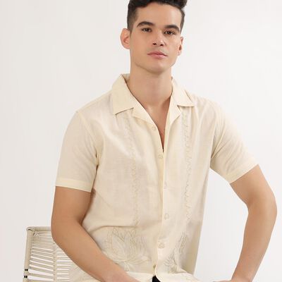 Men's Off-White Cotton Blend Half Sleeve Cuban Collar Casual Shirt