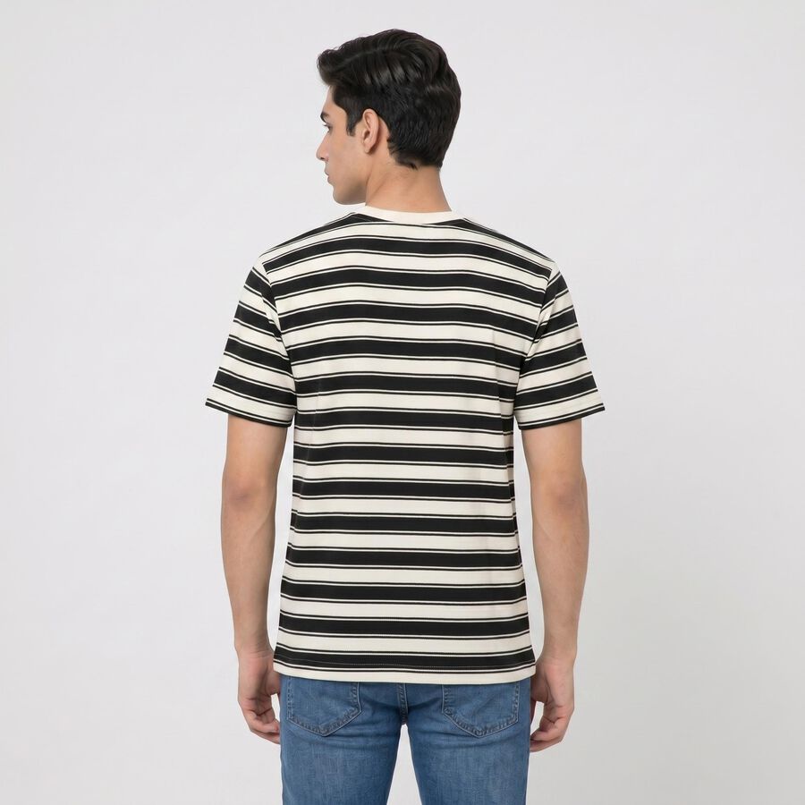 Men Black Round Neck Regular Striped T-Shirt, Black, large
