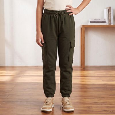 Girls Olive Green Jogger Fit Solid Cargo Pocket Winter Pyjama