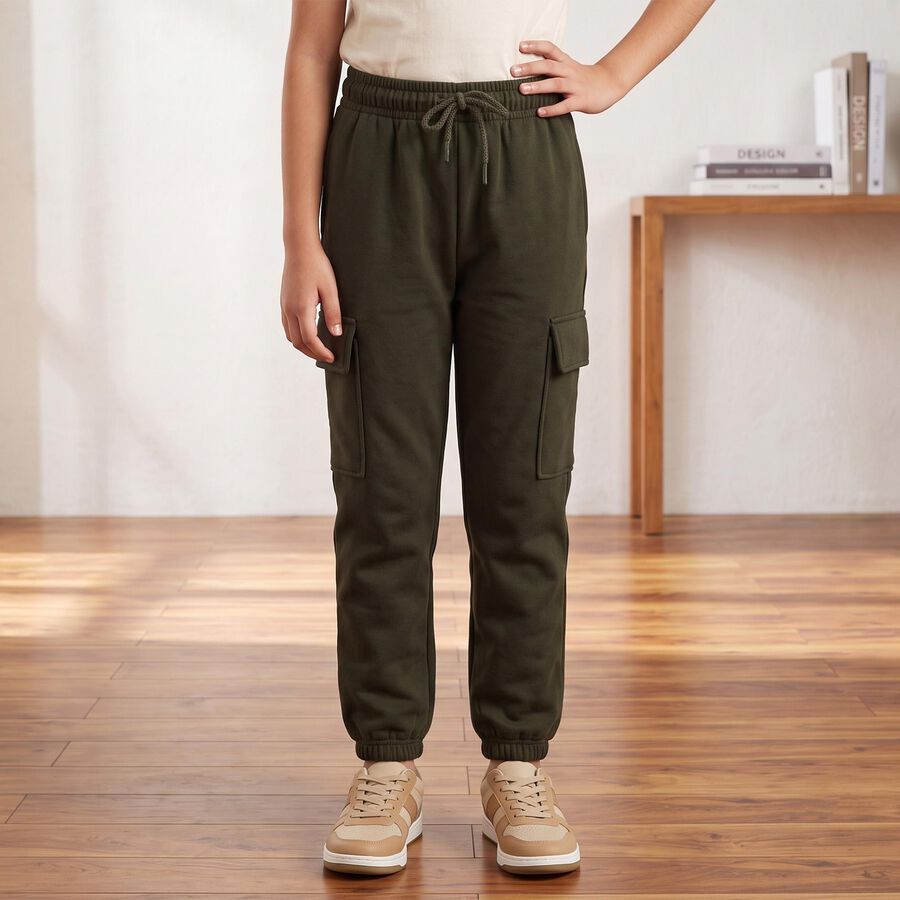 Girls Olive Green Jogger Fit Solid Cargo Pocket Winter Pyjama, ओलिव, large