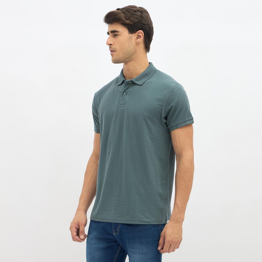Men's Dark Sage Green Polo Neck Textured T-Shirt, गहरा ग्रे, large image number null