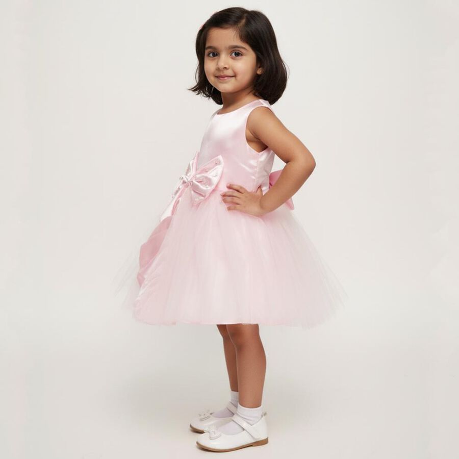 Girls' Light Pink Sleeveless Bow Party Frock, हल्का गुलाबी, large image number null