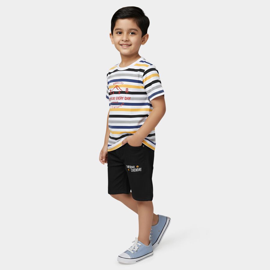 Boys White 100% Cotton Round Neck Striped Graphic Baba Suit, White, large