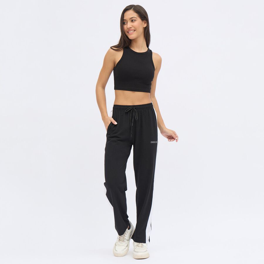 Women's Jet Black Regular Fit Side-Striped Track Pants, Black, large image number null