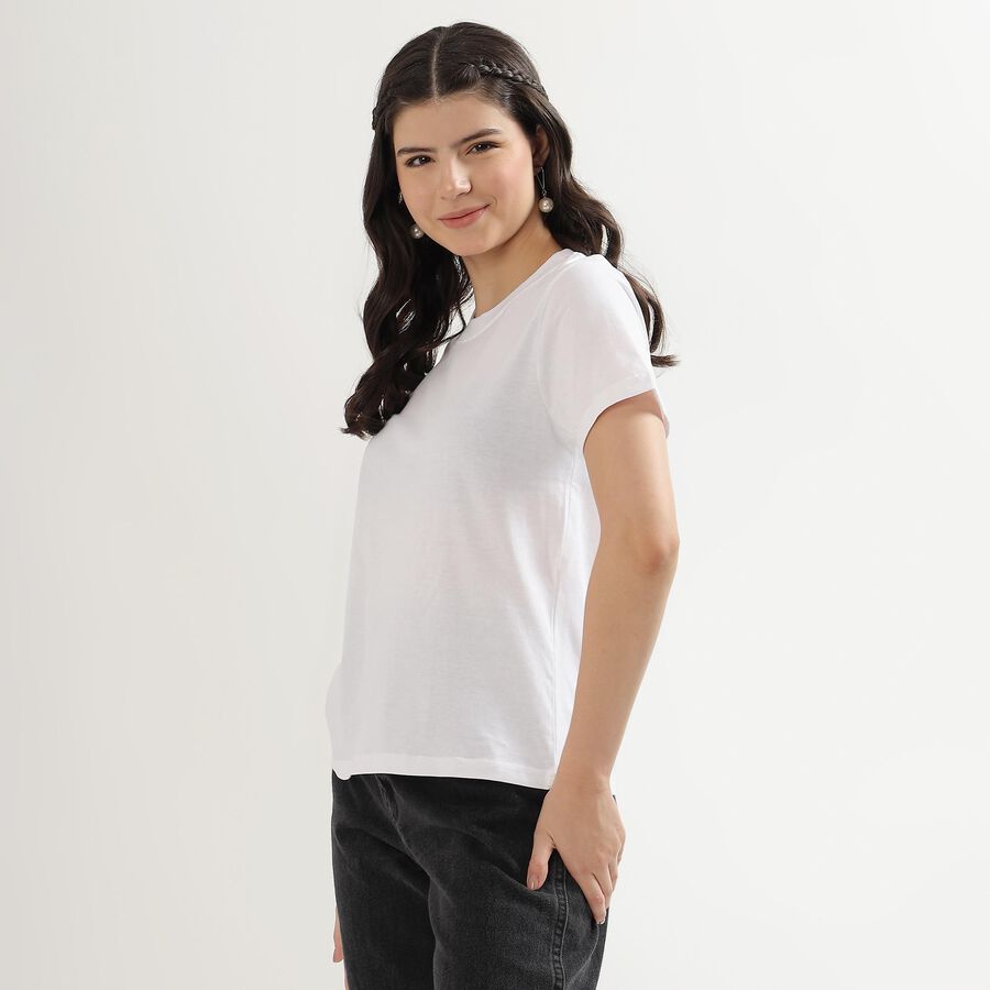 Women's Bright Snow White Cotton Round Neck T-Shirt, White, large image number null