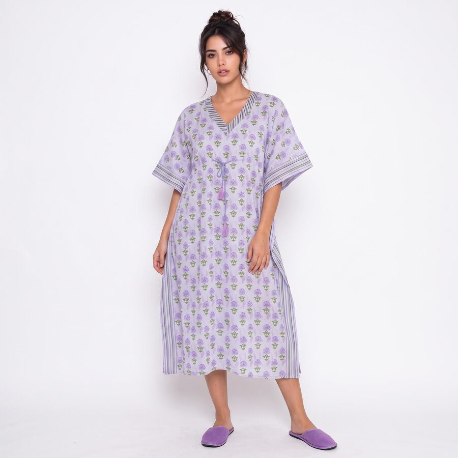 Women's Lavender V-Neck Kaftan Nighty, लाइलेक, large
