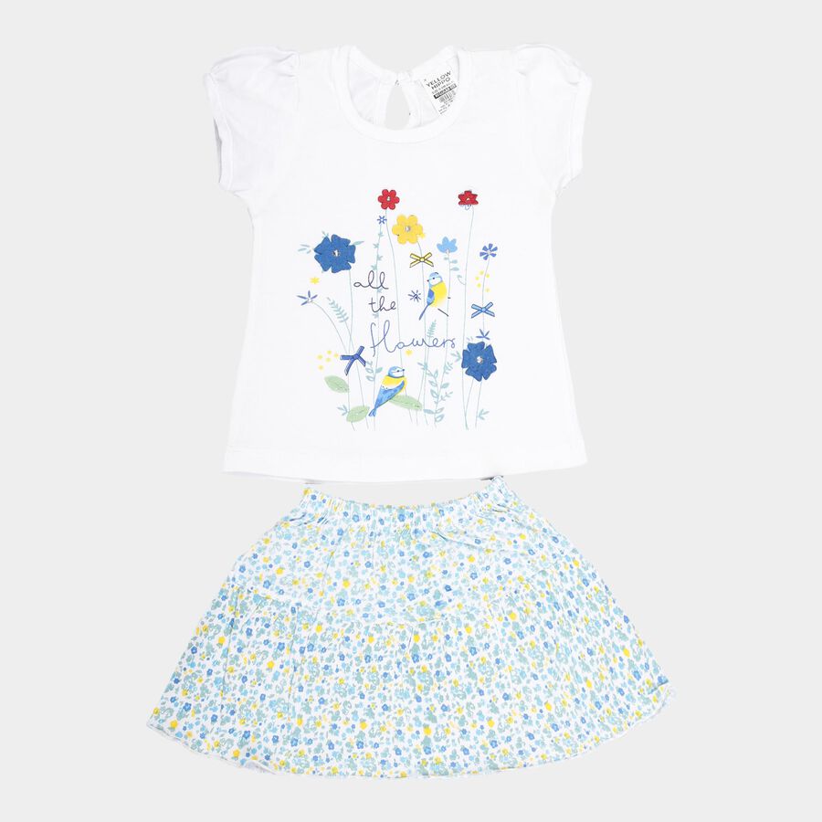 Infants Yellow Hippo Cotton Skirt Top Set, White, large image number null