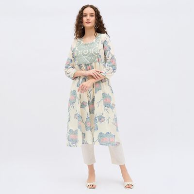 Women's Light Blue Round Neck Embroidered Kurta