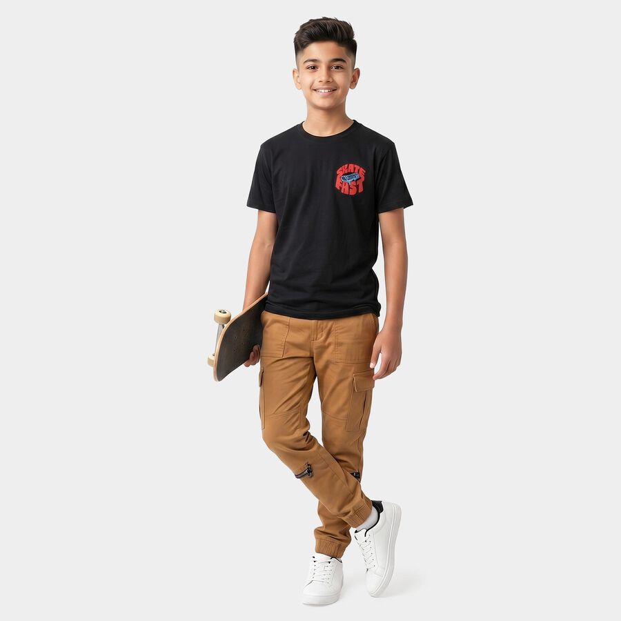 Boys Black Cotton Blend Crew Neck Regular Boys T-Shirt, काला, large