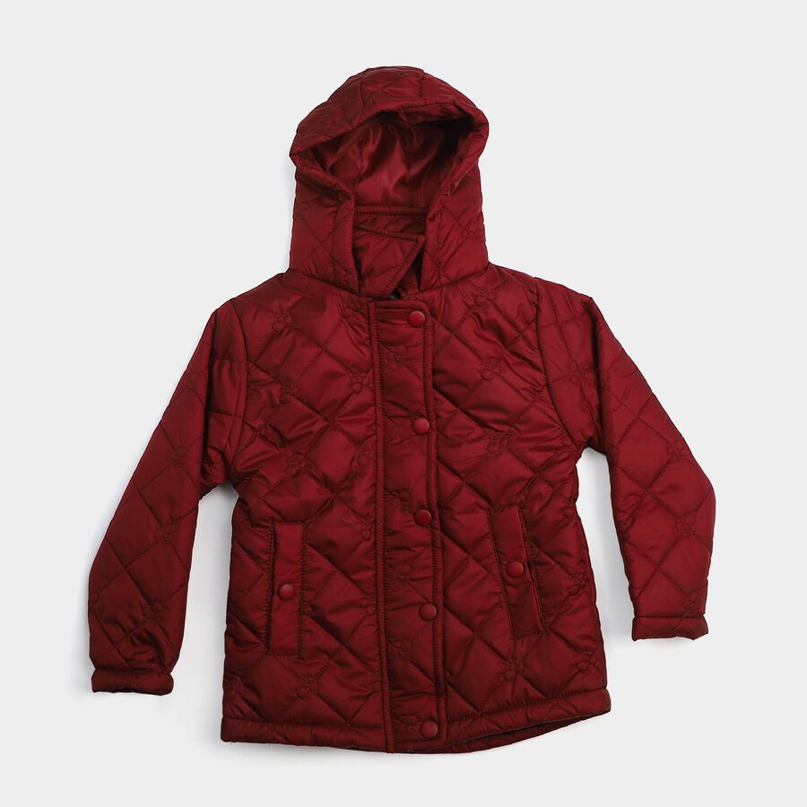 Girls' Wine Hooded Puffer Jacket, Wine, large