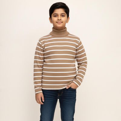 Boys Muted Beige Turtleneck Casual Pullover