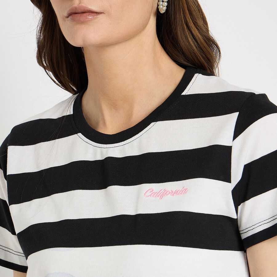 Ladies'  Stripes Round Neck T-Shirt, काला, large image number null