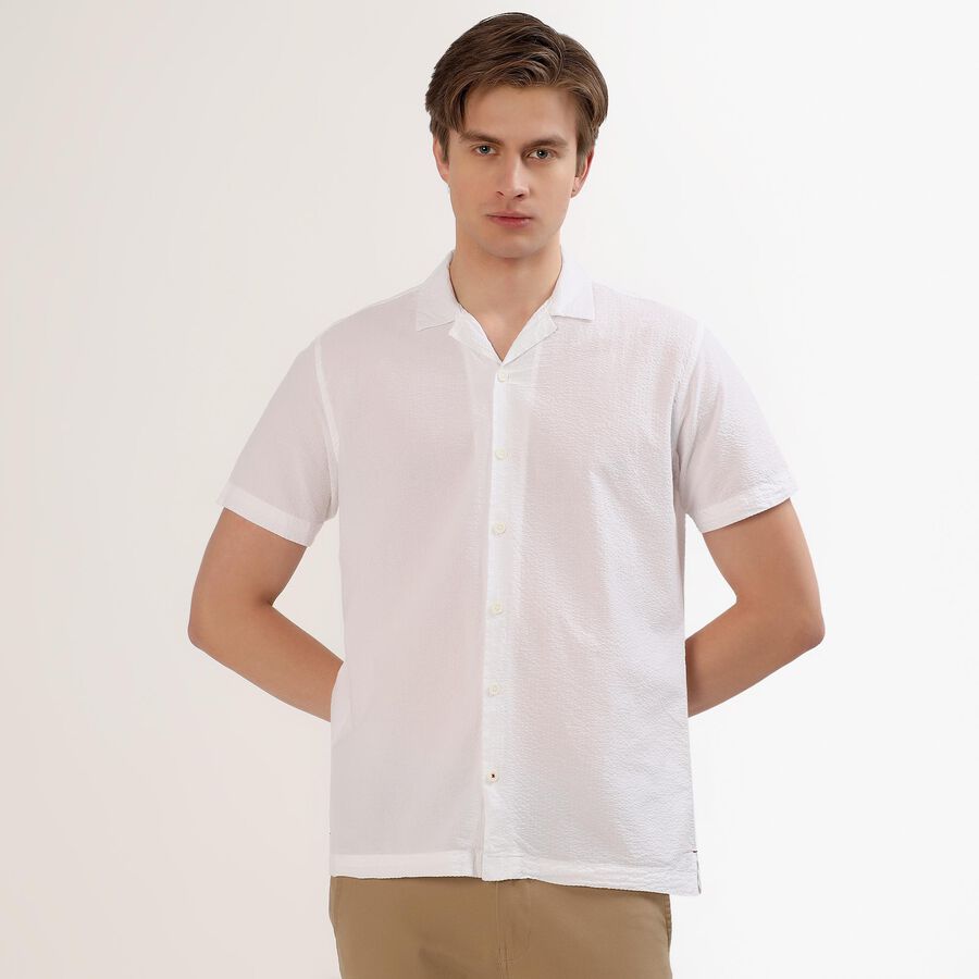 Men's White Cotton Half Sleeve Spread Collar Casual Shirt, White, large image number null