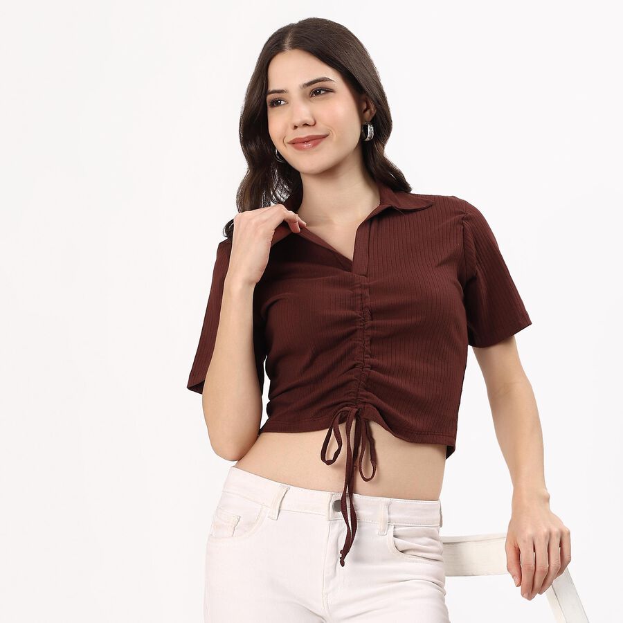 Women's Rich Chocolate Brown Cotton Collared Casual Crop Top, Brown, large