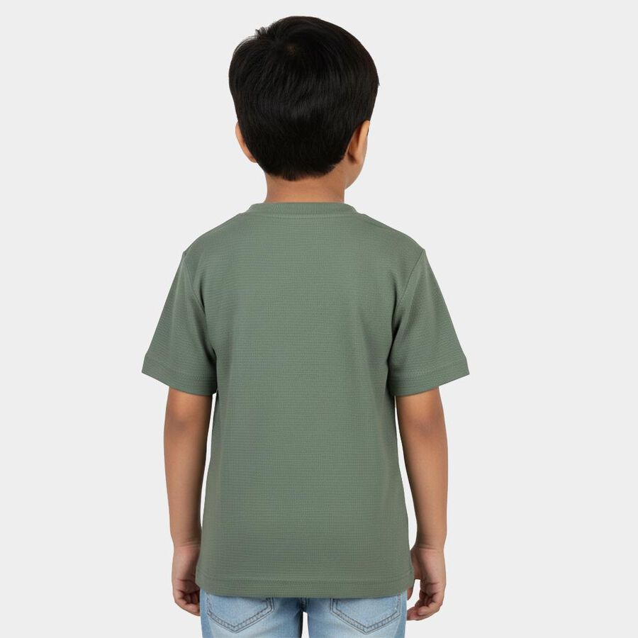 Boys' Olive Green Cotton Crew Neck Textured T-Shirt, Light Green, large