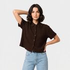 Women's Brown Solid Collared Shirt, भूरा, small