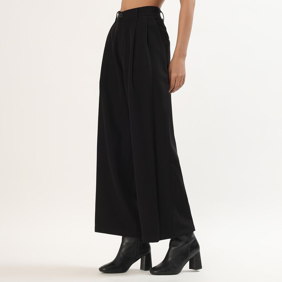 Women's Jet Black Wide-Leg Pleated Trousers, काला, large