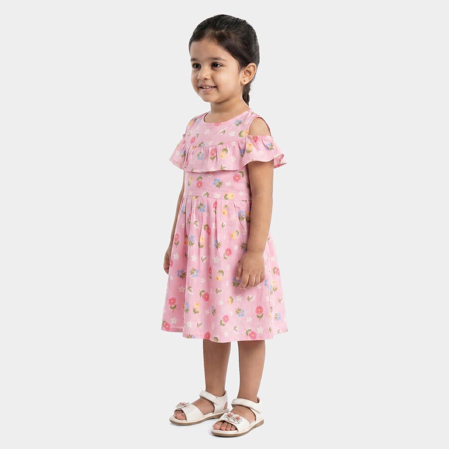 Girls Pink Fit and Flare Floral Printed Cold Shoulder Frock, गुलाबी, large
