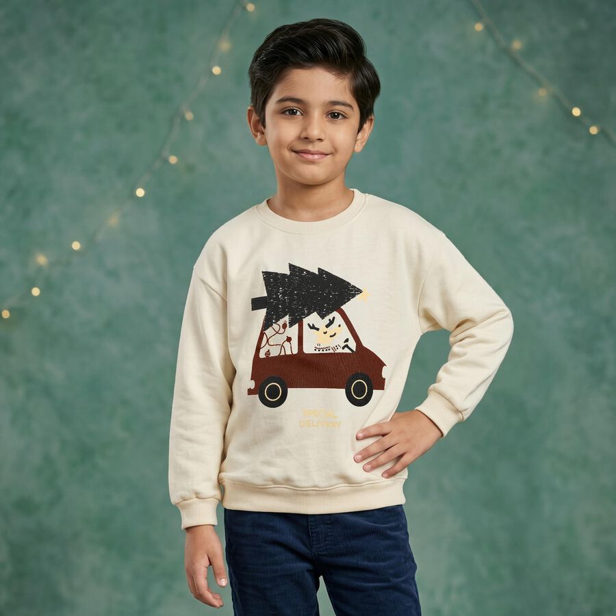 Boys Off White Round Neck Pullover Sweatshirt, ऑफ व्हाइट, large