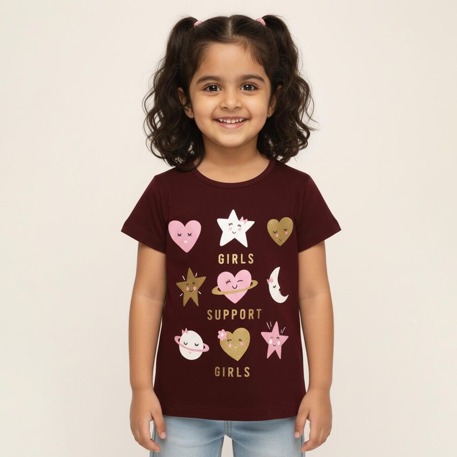 Girls' Burgundy Cotton Round Neck Graphic T-Shirt, Wine, large image number null