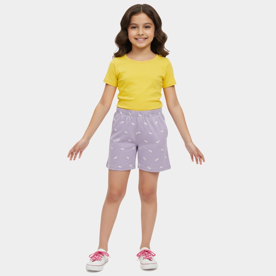 Girls' Purple Printed Elastic Waist Shorts, Lilac, large