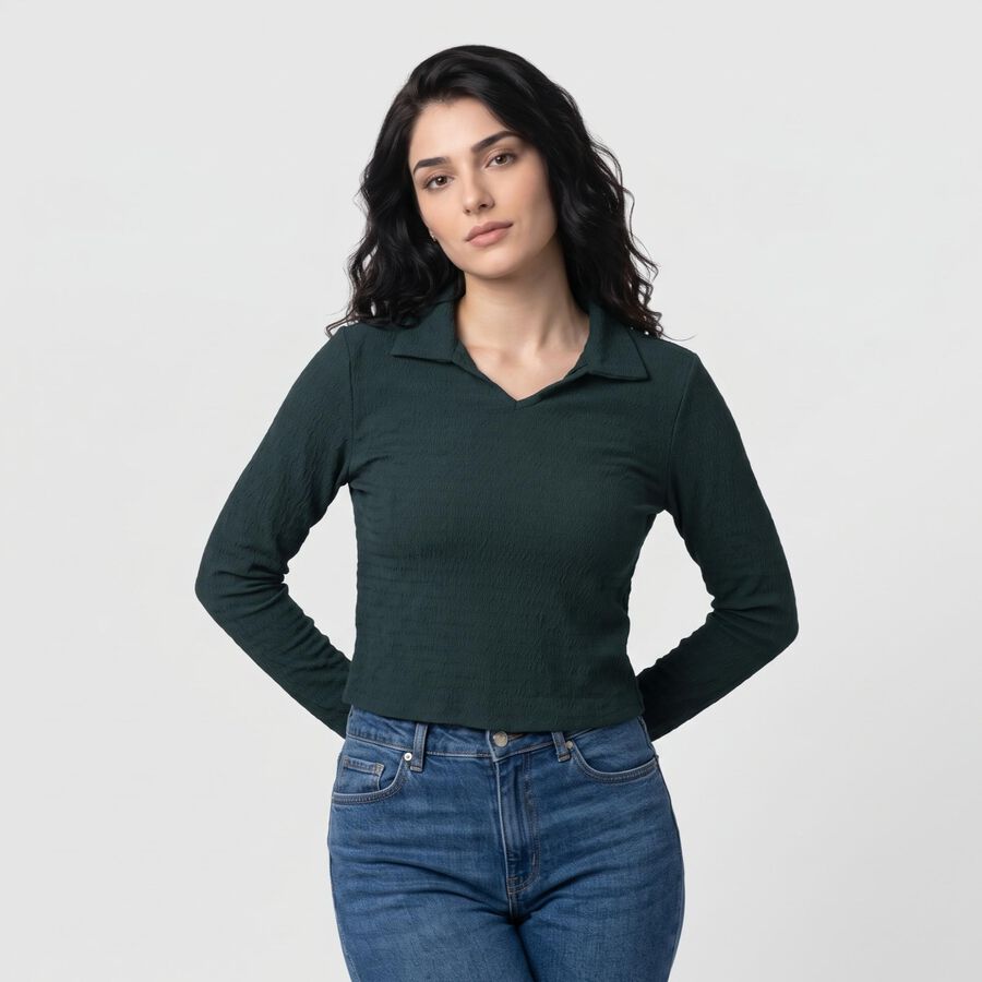 Women's Green V-Neck Regular Top, Dark Green, large
