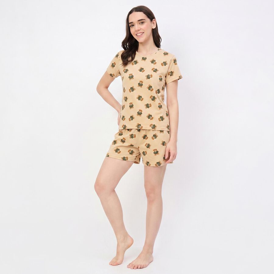 Women's Brown Round Neck Teddy Bear Printed Night Suit, Brown, large