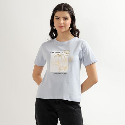 Women's Light Blue Cotton Round Neck Floral Print T-Shirt
