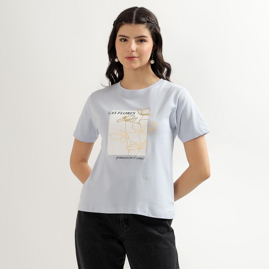 Women's Light Blue Cotton Round Neck Floral Print T-Shirt, Light Blue, large image number null