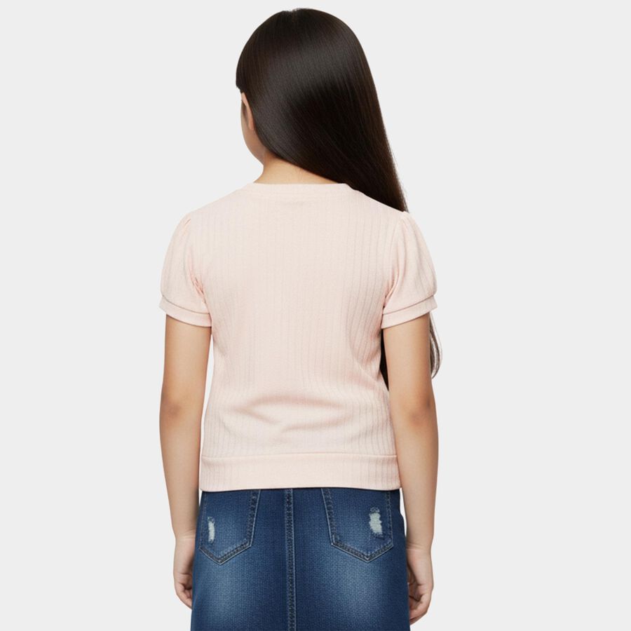 Girls Peach Round Neck Casual T-Shirt, Peach, large