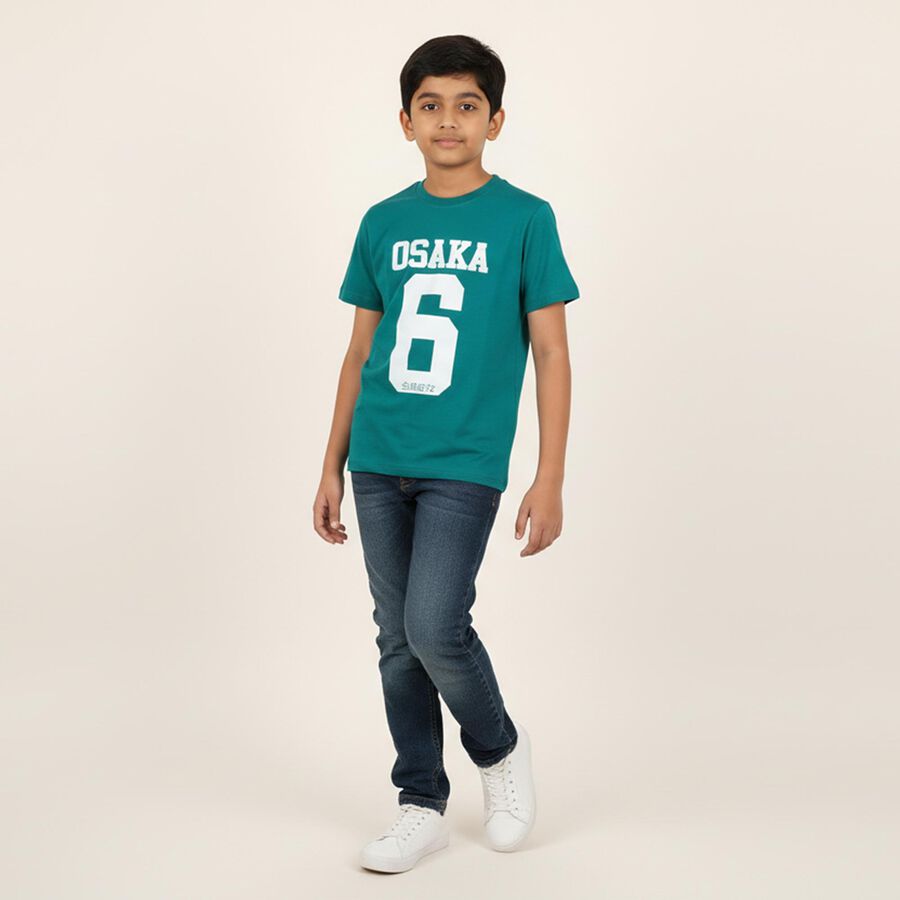 Boys Vibrant Teal Green Crew Neck Casual Graphic T-Shirt, गहरा हरा, large image number null