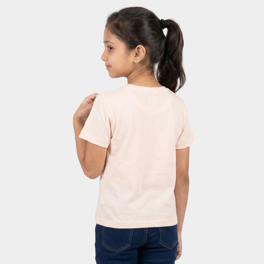 Girls Pink Round Neck Regular T-Shirt, हल्का गुलाबी, large
