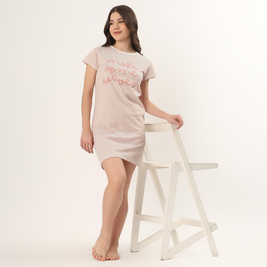 Women's White Cotton Notched Collar Floral Printed Nighty, White, large