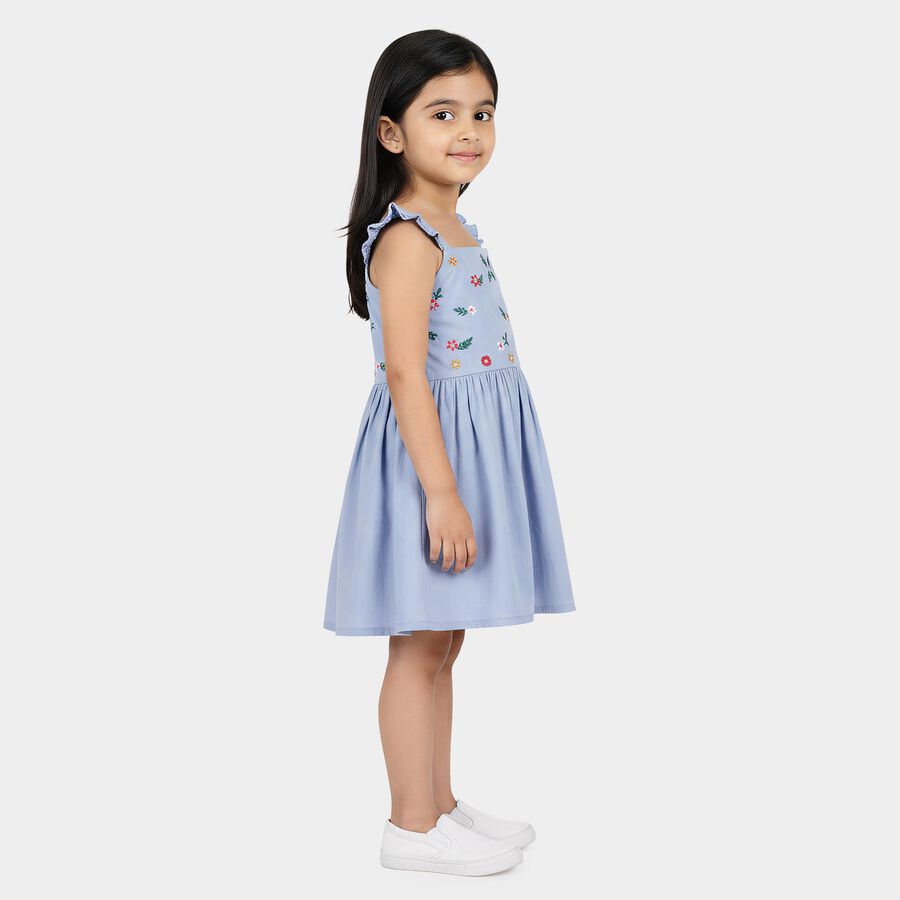 Girls' Light Blue Fit and Flare Floral Embroidered Frock, हल्का नीला, large