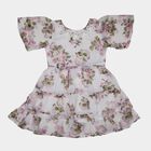 Girls White Round Neck Floral Layered Dress, सफ़ेद, small