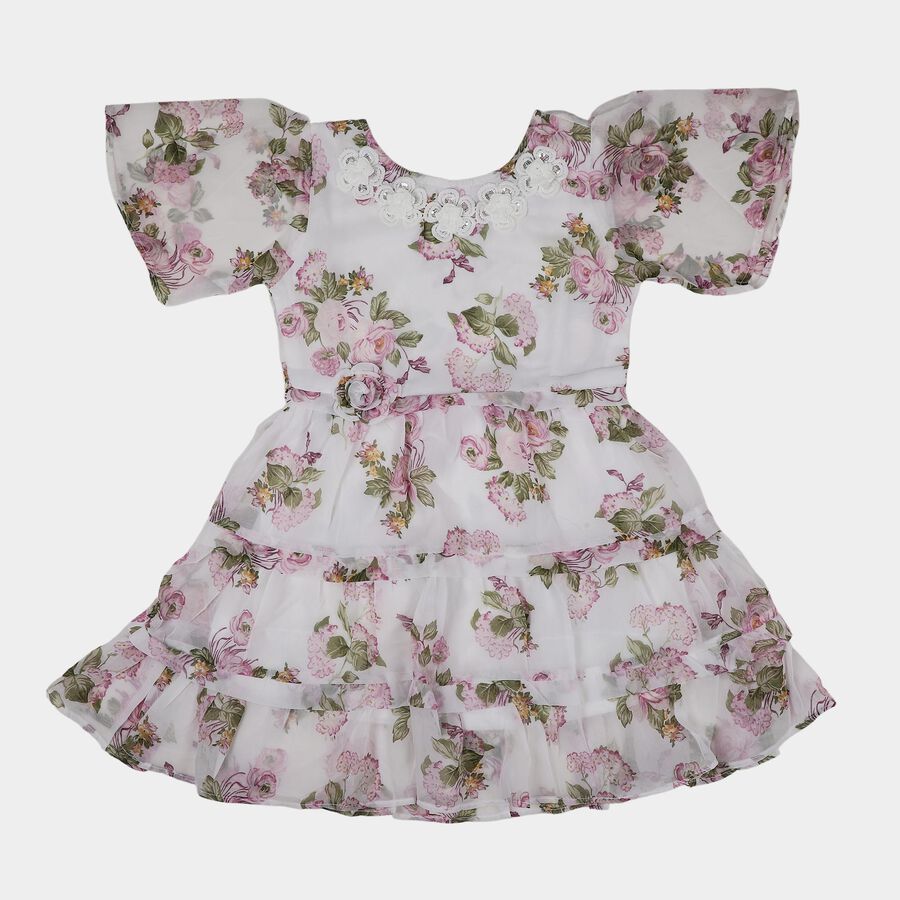 Girls White Round Neck Floral Layered Dress, सफ़ेद, large