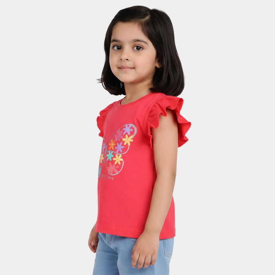 Girls' Pink Cotton Round Neck Casual T-Shirt, Pink, large