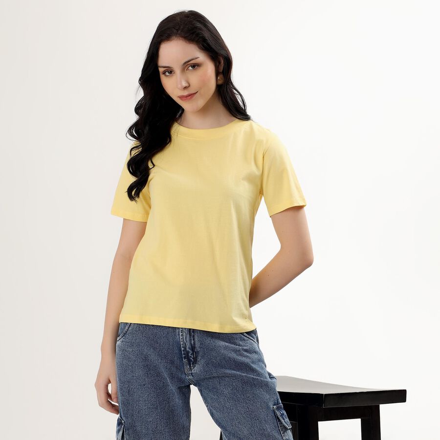 Women's Light Yellow Cotton Round Neck Casual T-Shirt, Yellow, large