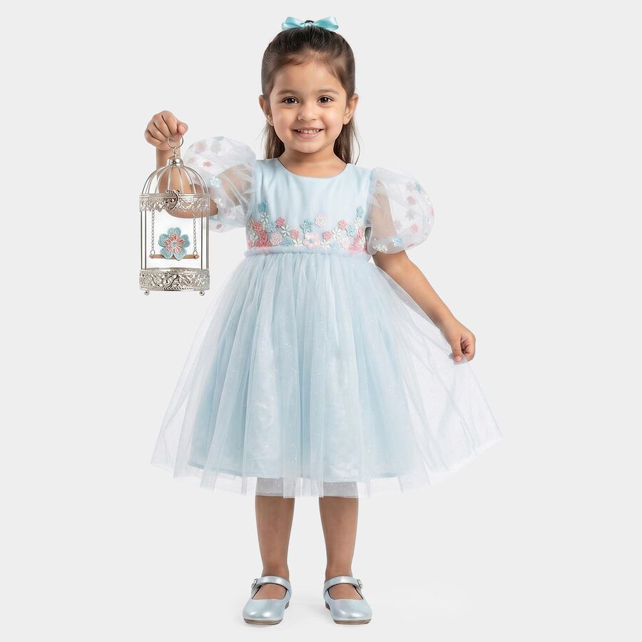Girls' Light Blue Fit and Flare Embroidered Puff Sleeve Frock, Light Blue, large