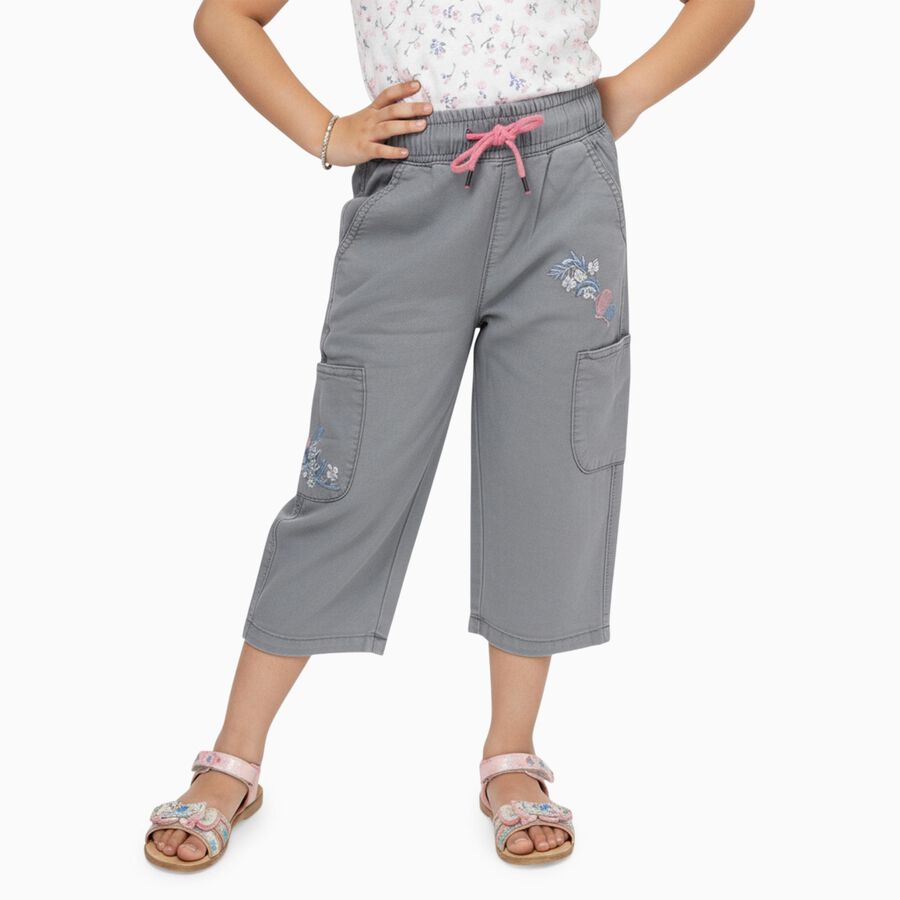 Girls' Muted Grey Relaxed Fit Embroidered Cropped Jeans, हल्का ग्रे, large image number null