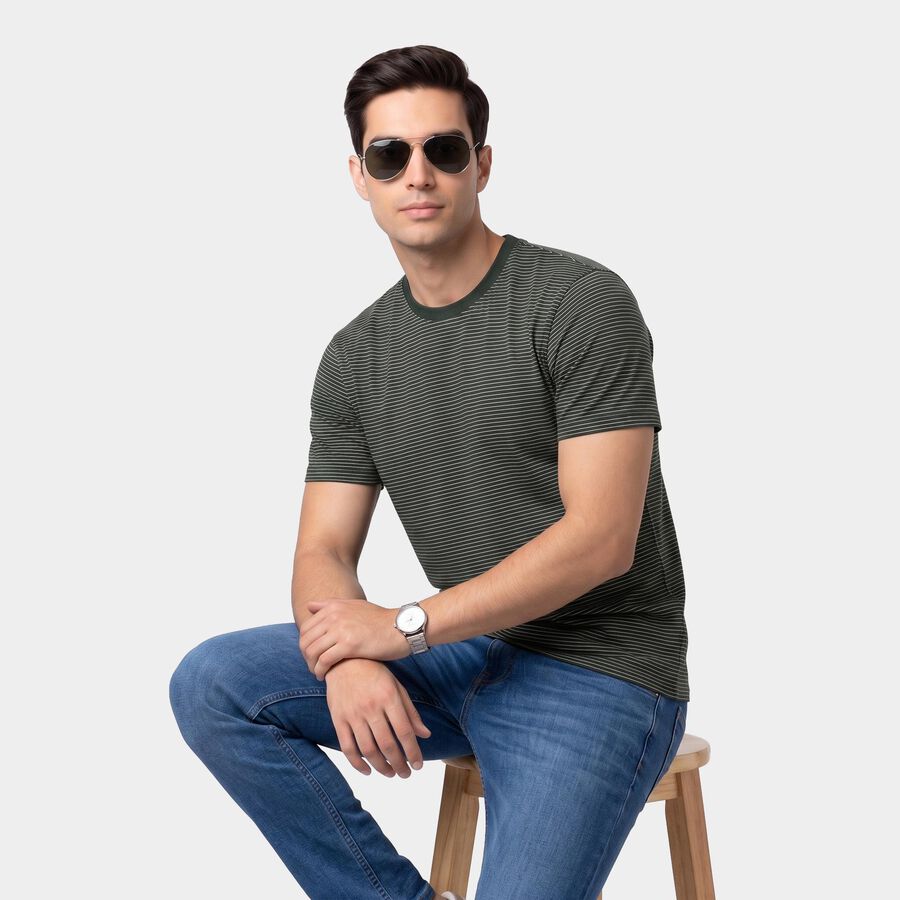 Men's Green Round Neck Striped Regular T-Shirt, Dark Green, large