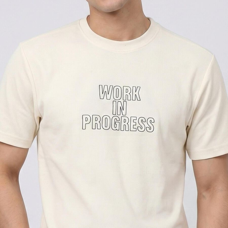 Men's Cream Round Neck Graphic Print T-Shirt, Off White, large