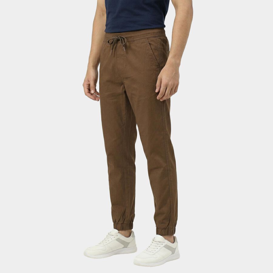 Men's Brown Slim Fit Flat-Front Casual Trousers, भूरा, large