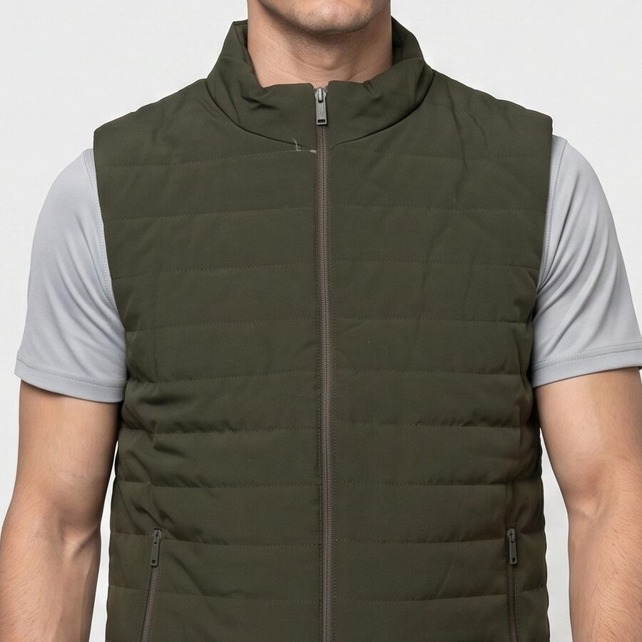 Men's Olive Green Stand Collar Puffer Jacket, Olive, large